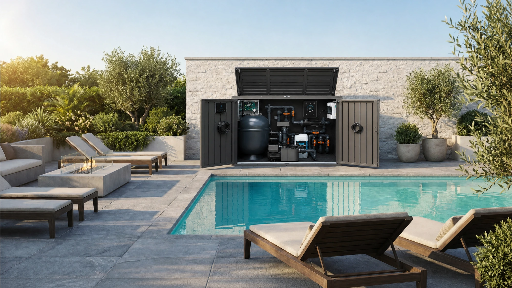 Pooltechnik-Box mit Steuerung, Filter und Elektrik am Pool